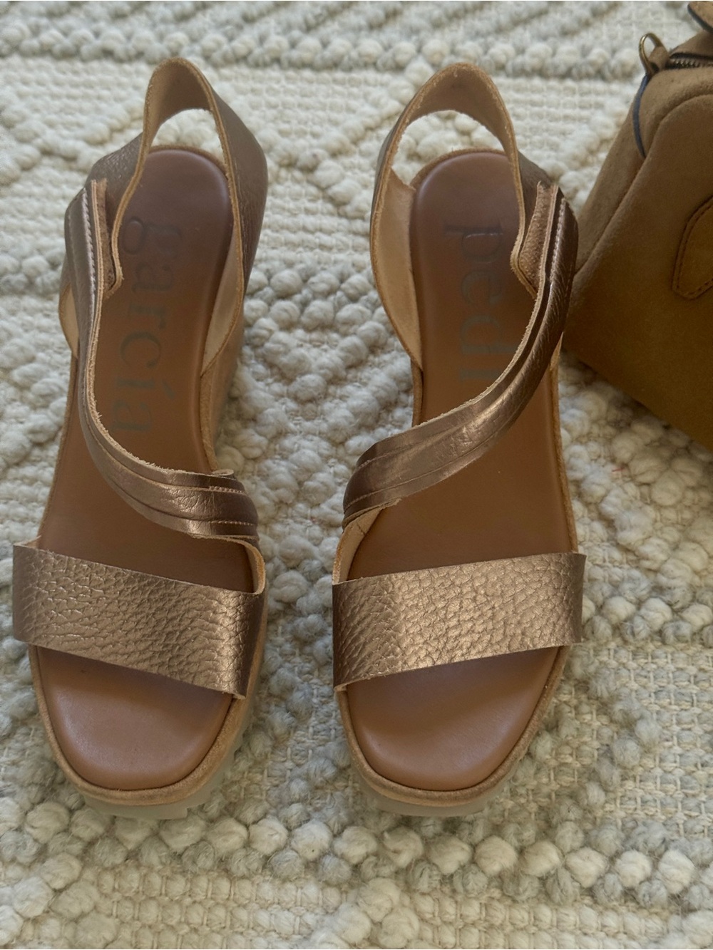 Pedro Garcia Rose Gold Textured Leather Wedge Sandals